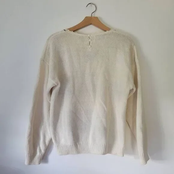 Vintage Northern Isles Hand Embroidered Knit Sweater Cream M - Picture 9 of 12
